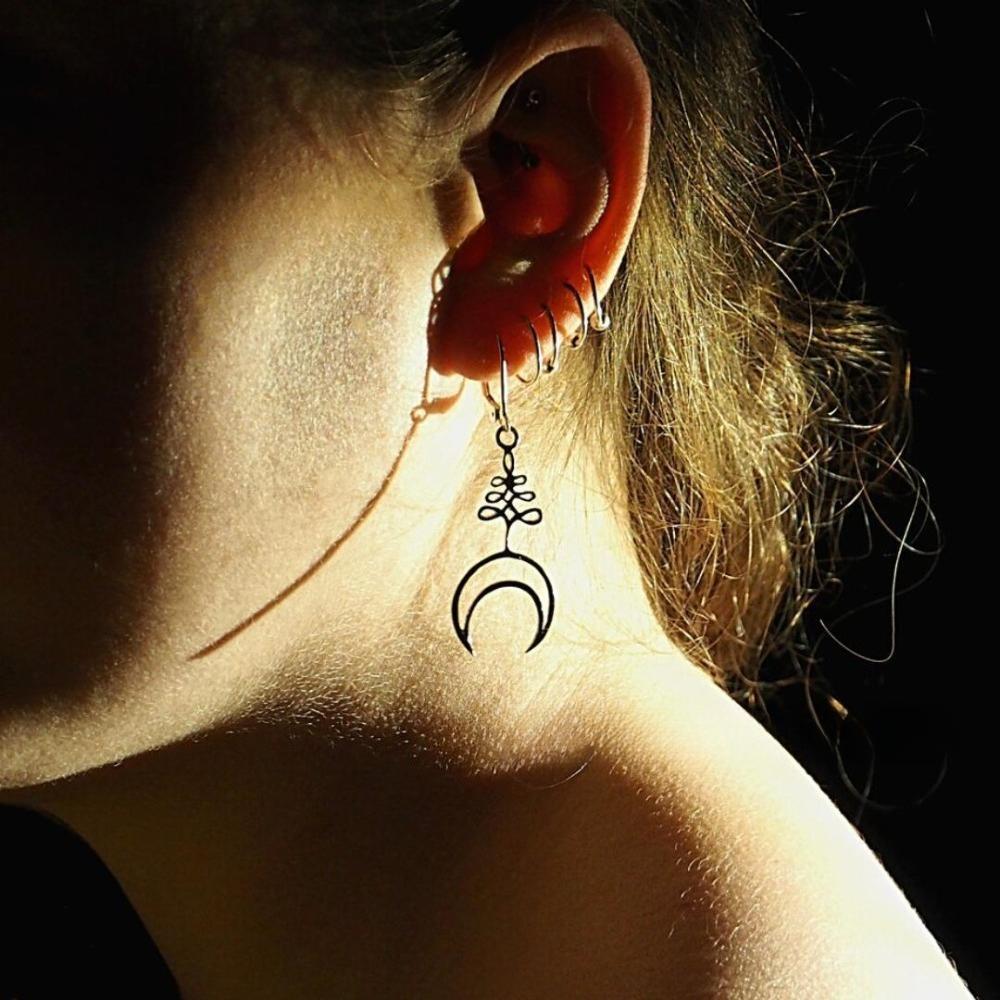 Retro Gothic Silver Color Geometry Hollowed-out Crescent Moon Symbol Pendant Dangle Earrings for Women Halloween Party Jewelry
