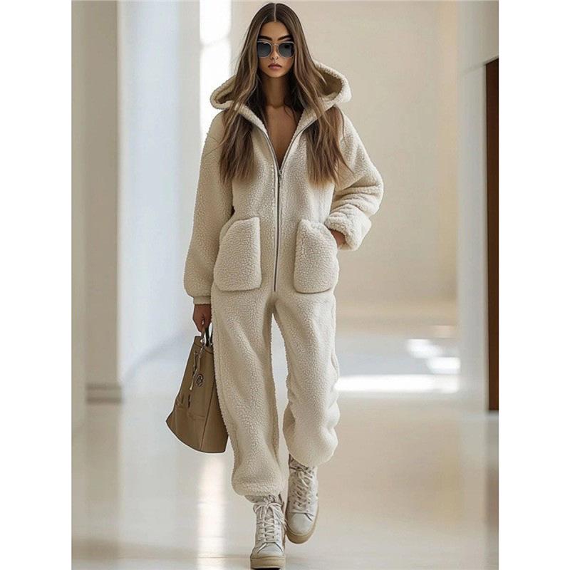 2025 Lambswool Hooded Zipper Jumpsuit: Winter Fashion
