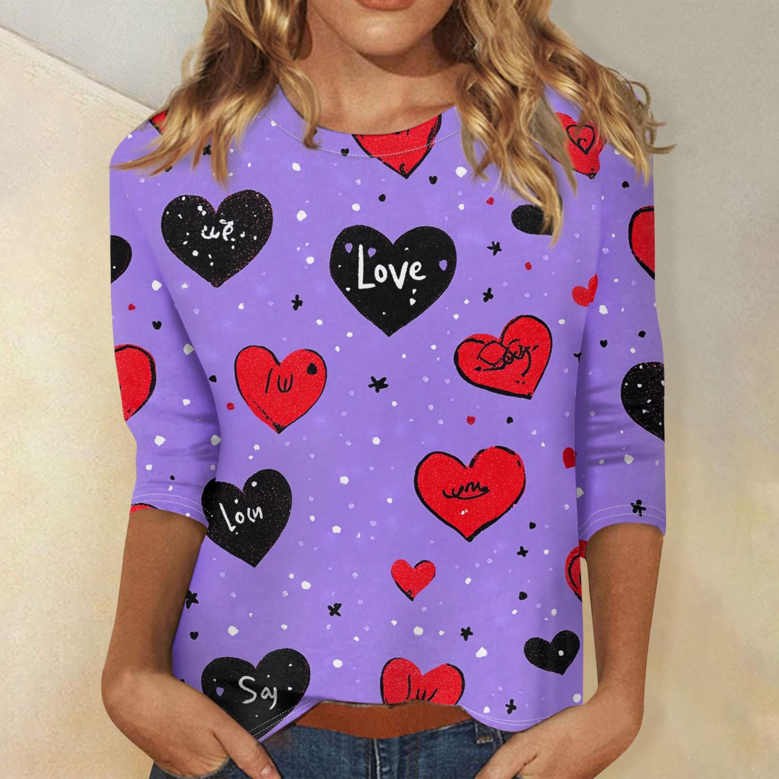 

Женские топы с рукавом три четверти, рубашка на День святого Валентина, круглая горловина, свободная повседневная рубашка S фиолетовый