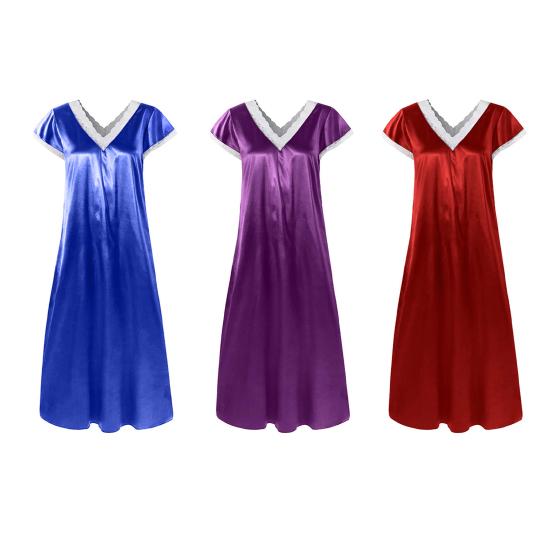 Women Nightgown Lace Trim V Neck Short Sleeves Solid Color Satin Dress Sleep Gown Pajamas Sexy Loose Long Nightdress Sleepwear