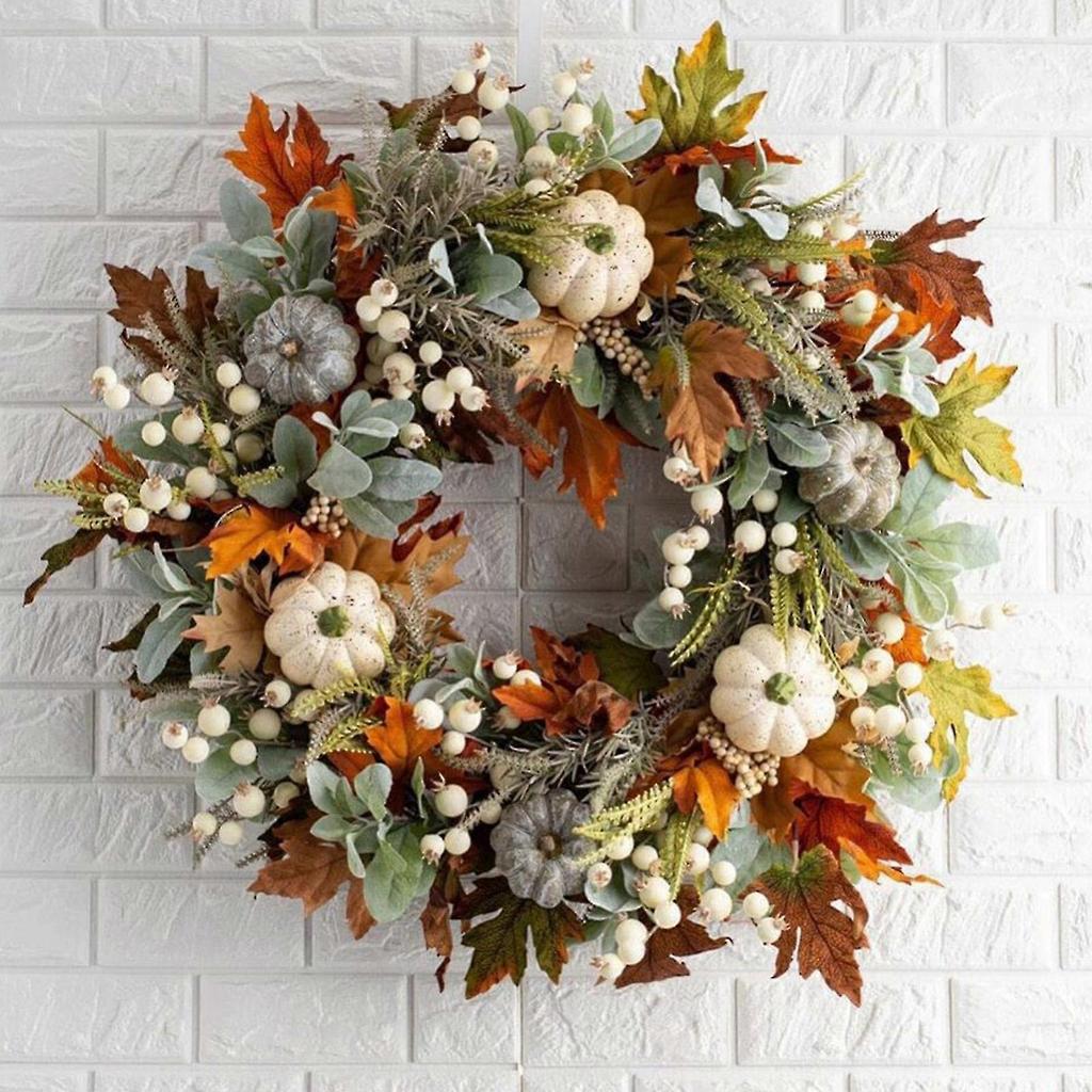 2026 Fabric Fall Wreath with White Pumpkin and Maple Leaves, 45cm