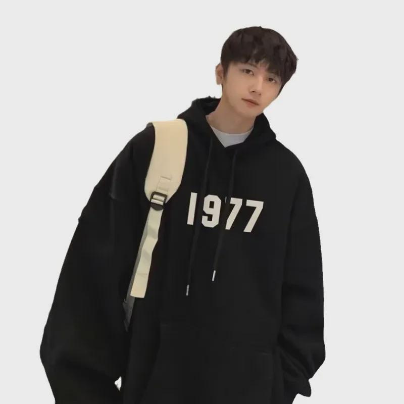 1977 American Fashion Men's Oversized Hooded Sweatshirt - Spring/Autumn, Heavy Velvet, High Street Couple Style.