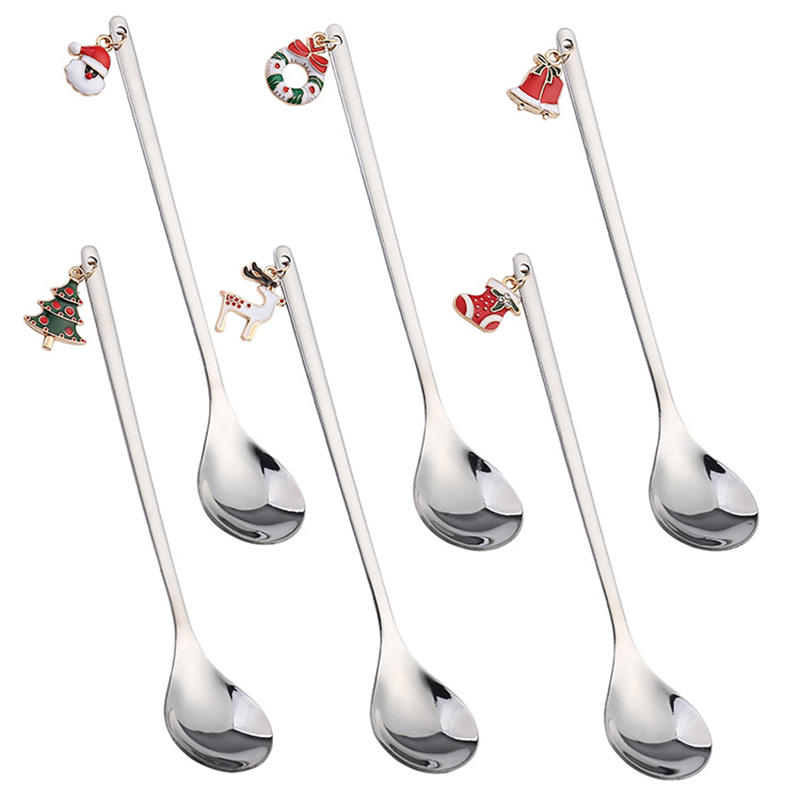 6Pcs Cute Christmas Stainless Steel Spoon Set Kitchen Coffee Dessert Mixing Spoon Xmas Holiday Gift