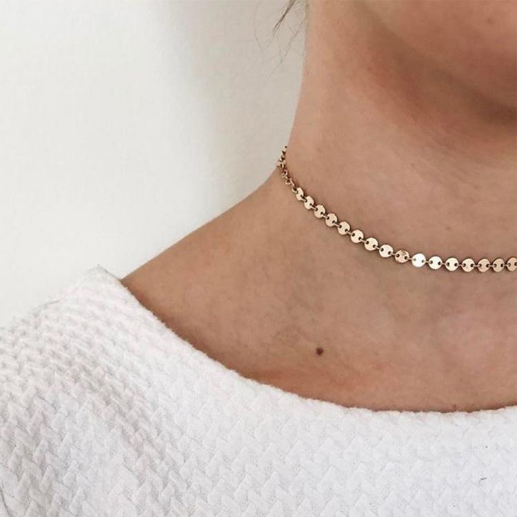 EManco 316L Stainless Steel 14K Gold Coin Chain Necklace Shiny Sequins Discs Choker Necklace for Wedding Engagement Gift
