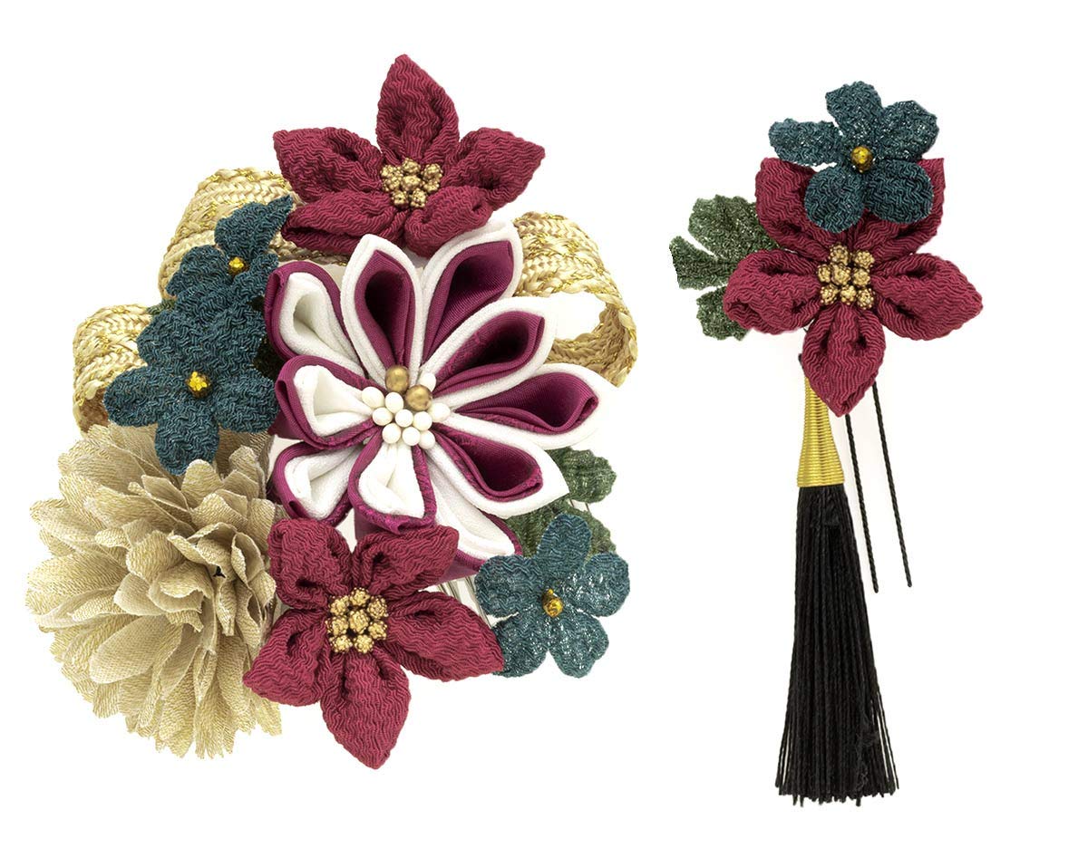 

SOUBIEN Hair Ornament Set for Graduation and Perfect for Furisode and Hakama Features Red Chrysanthemum and Ping Pong Flower Braided and Made in