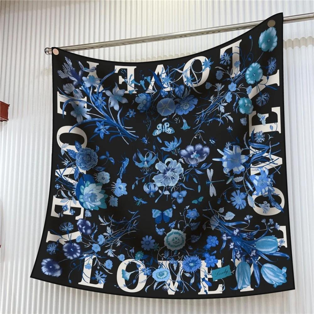 Silk Scarf Women Floral Printed Square Scarves Head Echarpes Silk Foulards Femme Wraps Beach Shawls Bandana Lady Hijabs 90CM