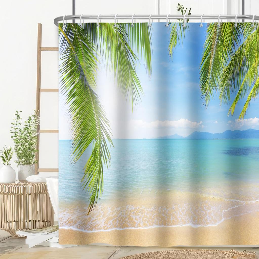 Ocean Sunrise Shower Curtain Summer Beach Tropical Palm Tree Hawaiian Sunset Coastal Scenery Sea Wave Bath Curtain With Hooks