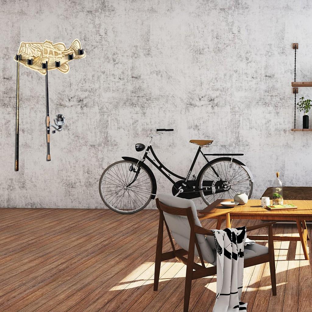 Wooden Bass Fish Shaped Fishing Rod Holder Wall Mount Rack with Multiple Slots for Organizing Fishing Rods and Gear
