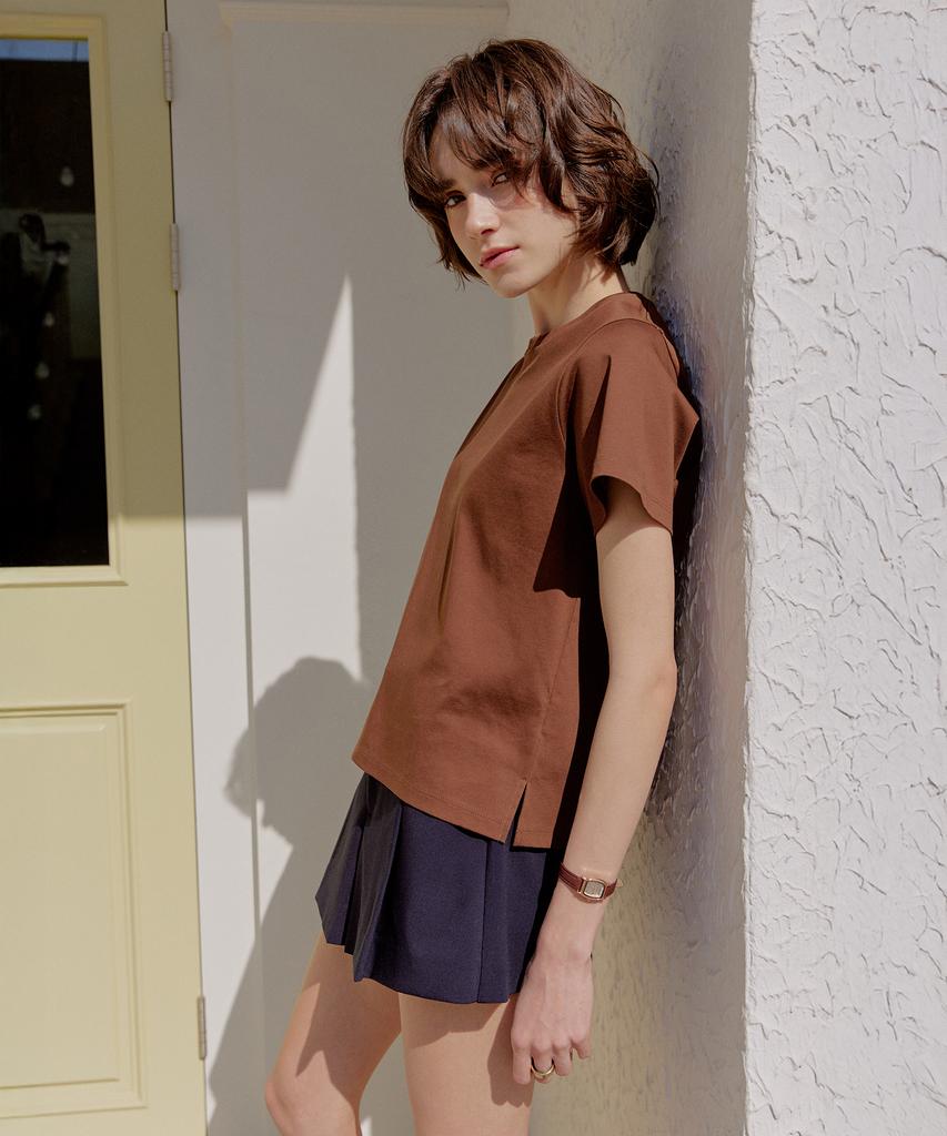 LEFTSEOUL 60-Count Reporter Cotton Half T-Shirt [Brown]