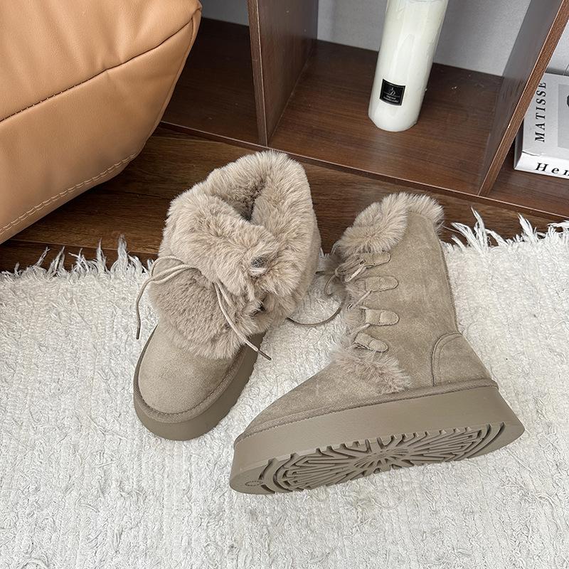 Fashion Fur Snow Boots Women Autumn Winter Shoes New Thick Bottom Furry Warm Padded Short Boots Lace Up Solid Casual Plush Ankle Botas