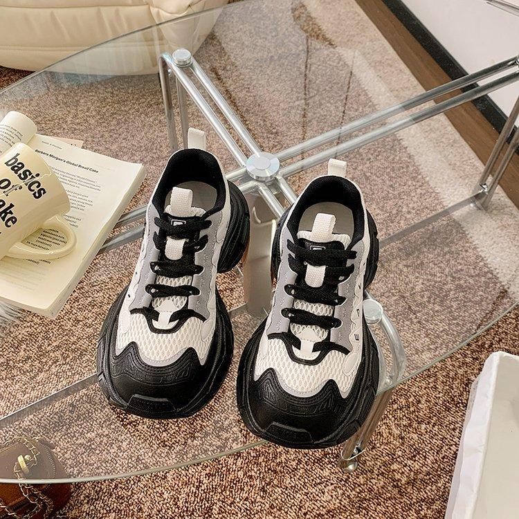 Cowhide version~ 4.5CM shock-absorbing leather thick-soled women's new mesh light sports dad shoes in autumn 2025