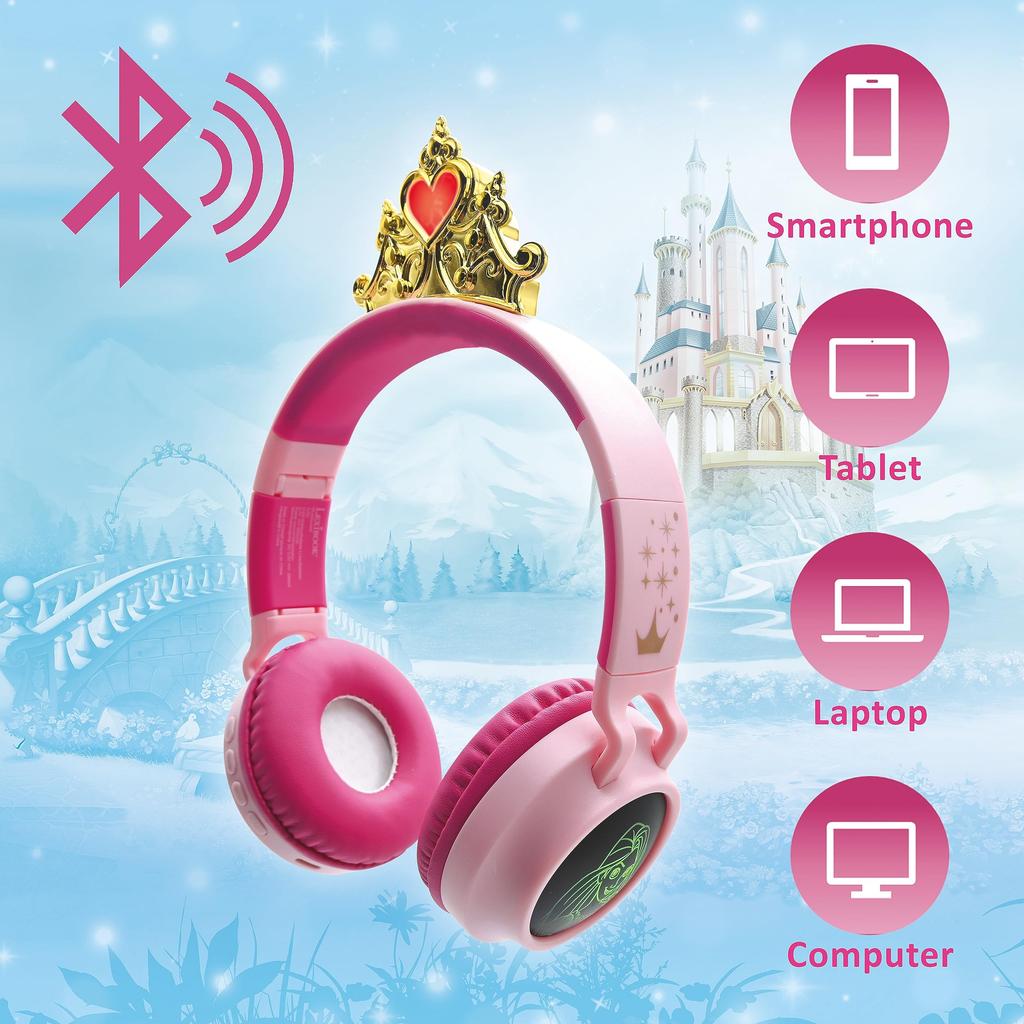 Lexibook Illuminated Wireless Headphones, Disney Princess Design, 3-Way Connection (Wired, Wireless, MicroSD Card), HPBT015DP, Authentic