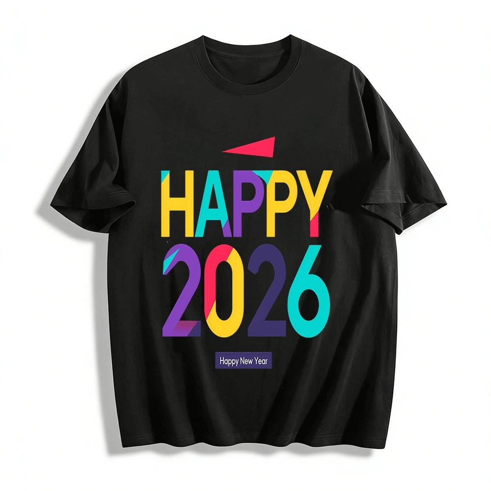 

Happy 2026 New Year Color Block Print Casual Celebration Top Pure cotton T-shirt XXS