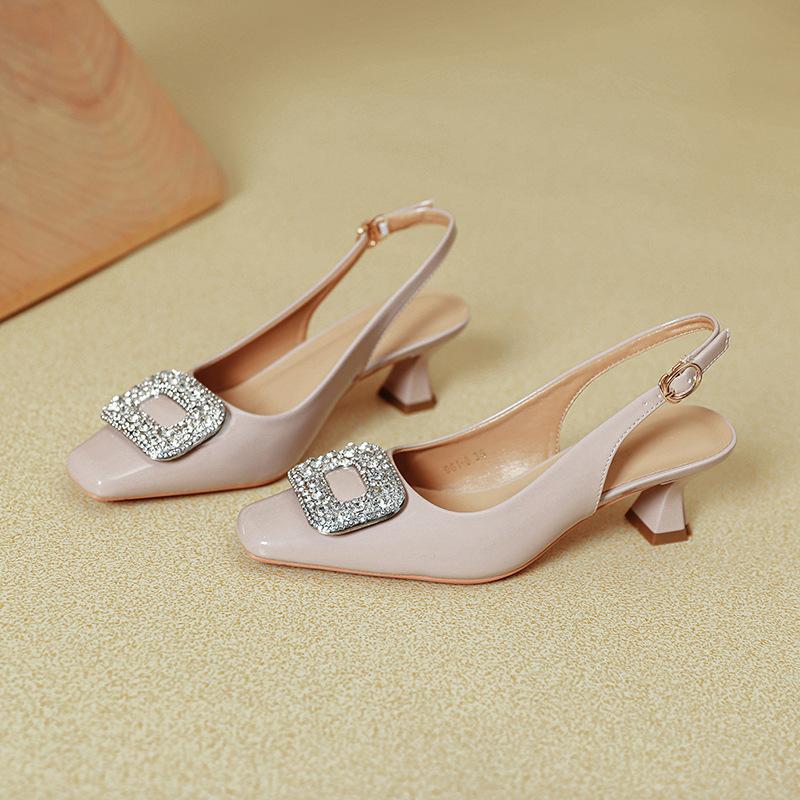French Square Head High Heels Stiletto New Summer Empty Single Shoes Medium Heel Patent Leather Red Word with Bag Head Sandals