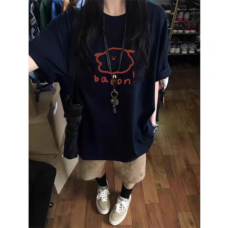 

Unisex Plus Size Retro Cotton T-shirt, Short Sleeve, Loose Fit, Slimming Design 2XL (131-155 lbs) темно-синий