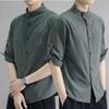 Men's Summer Korean Style Cotton-Linen Slim Fit Linen Shirt with Five-Point Sleeves.
