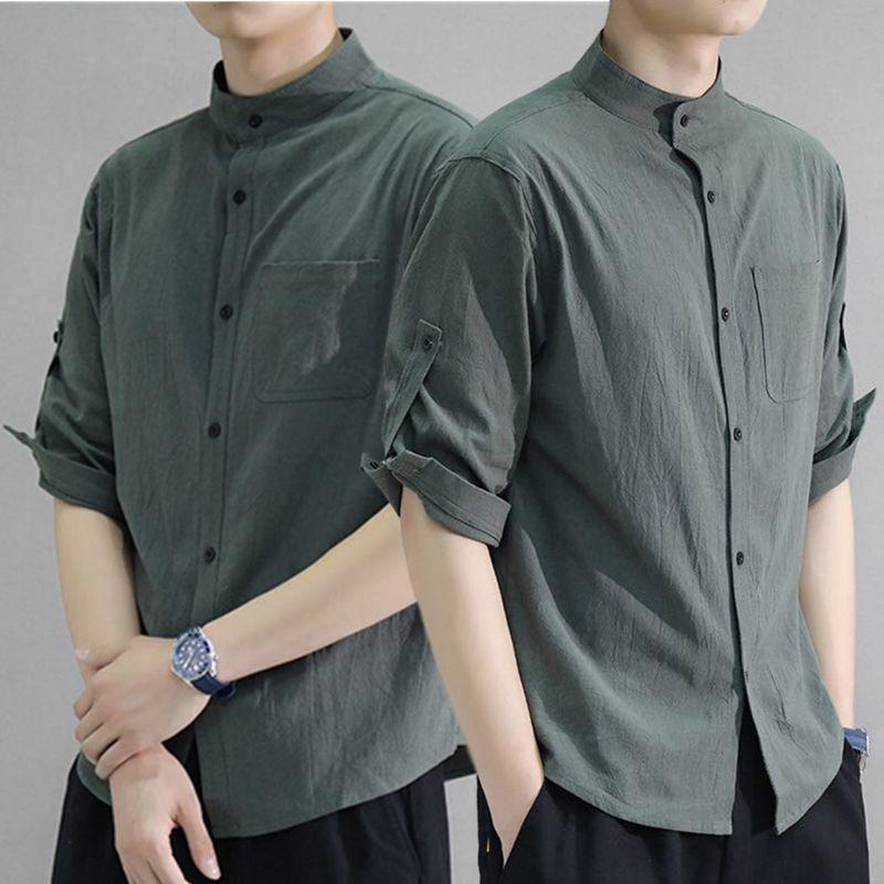 Men's Summer Korean Style Cotton-Linen Slim Fit Linen Shirt with Five-Point Sleeves.