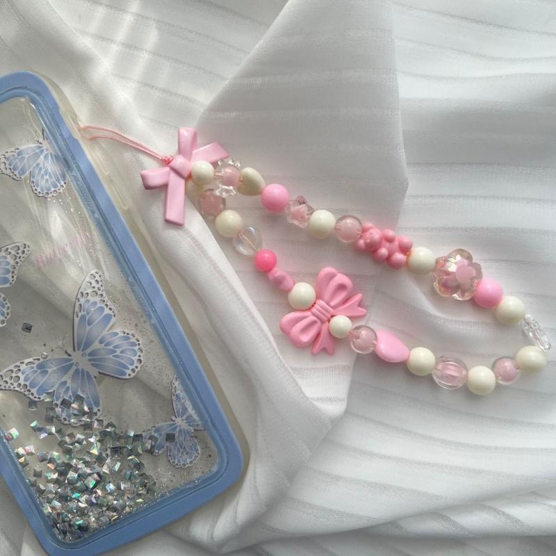Bowknot Phone Lanyard Short Female Cute Peach Heart Colored Beaded Phone Shell Pendant Accessories Package Decoration