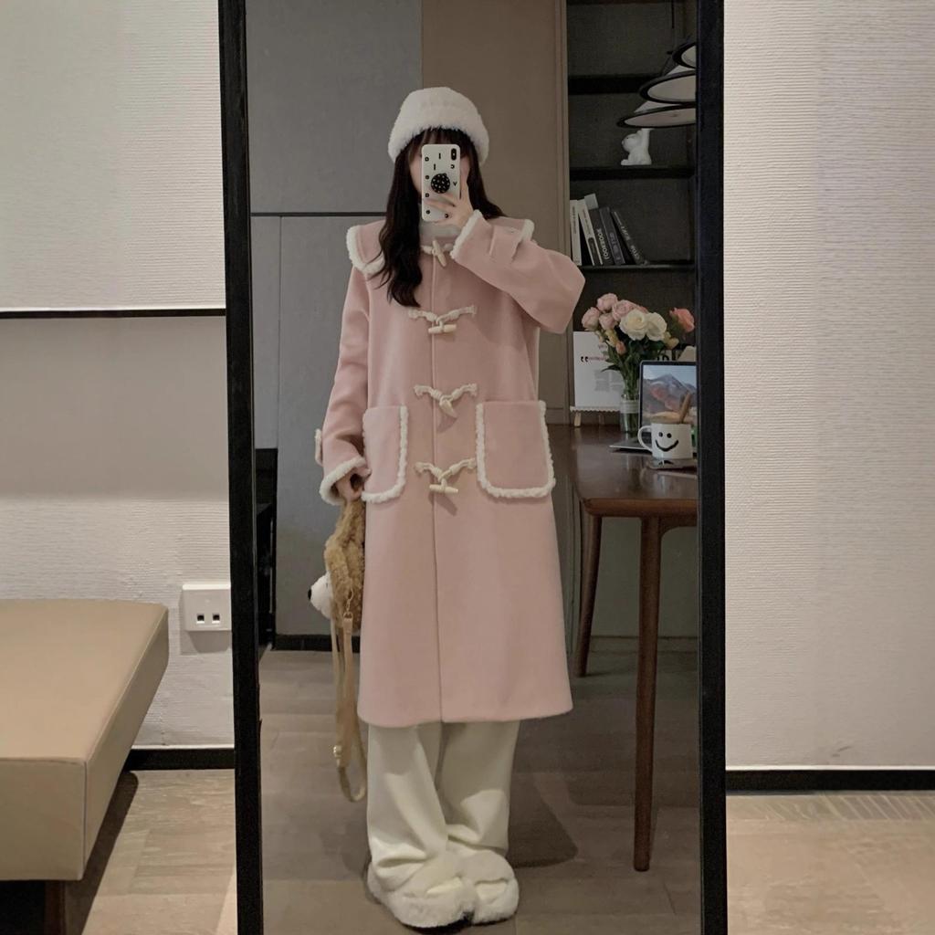 Women's Korean Pink Lambswool Tweed Coat: Winter 2025, Horn Button, Loose Fit