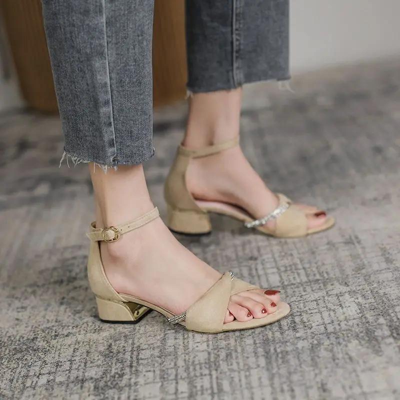 Fashion One Word High Heels with Strap Ladies Shoes Summer 2024 Thick Heel Sandals for Women Footwear Rhinestones Wholesale The Best Vip