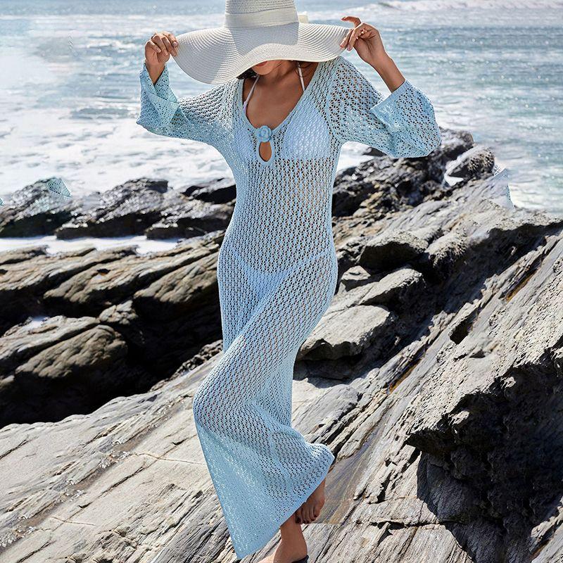 

H Home European and American Women s Clothing Island Holiday Pure Color Cut Out Knitting Beach Cover-up Dress Ins Style Perspective Open Back Dress Blue L