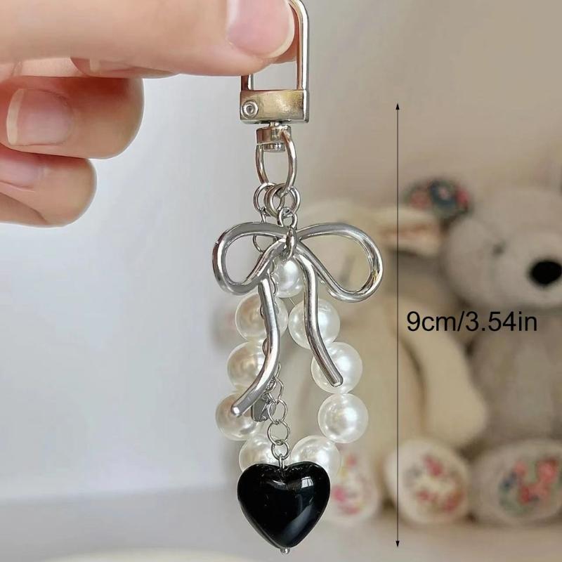 Sweet Bowknot Heart Pearls Keychain Pendant Lovely Hangings Decorations Keyring Charm for Purse Bag Backpack Handbag