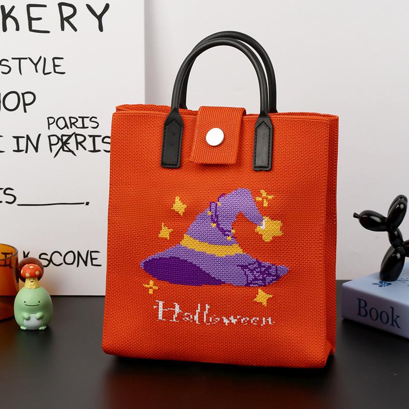 Halloween Themed Knitted Handbag Cartoon Ghost Pumpkin Print Shoulder Crossbody Bag Women Casual Phone Pouch Halloween Gift Bag