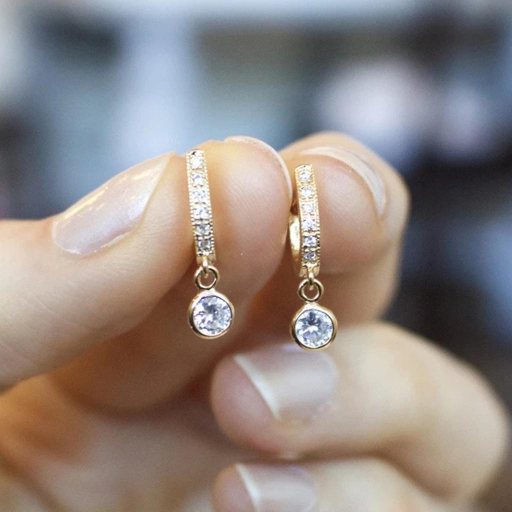 Partial Paved U Shape Huggie Hoop with Single Drop Round Stone Dangle Earrings Women Ear Jewelry