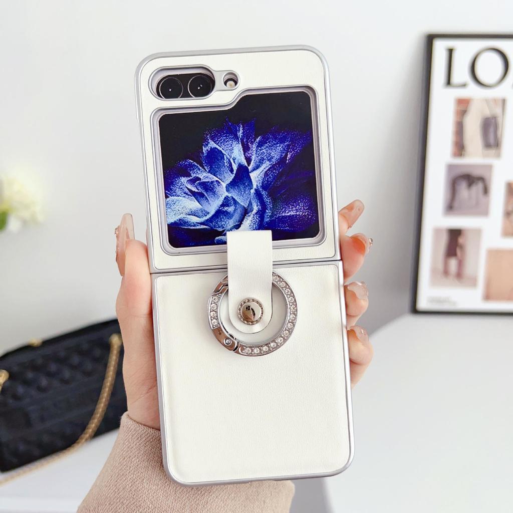 Samsung Z Flip 7 Metalllack Morandi Lederstruktur Ring Schutzhülle