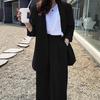 2 pezzi/set cappotto formale da donna pantaloni set maniche lunghe cardigan con cuciture aperte giacca di media lunghezza pantaloni larghi dritti gamba larga vita alta formale