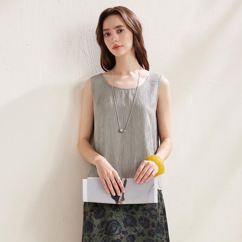 Zhaojun Women's Mulberry Silk Blend Textured Round Neck Vest