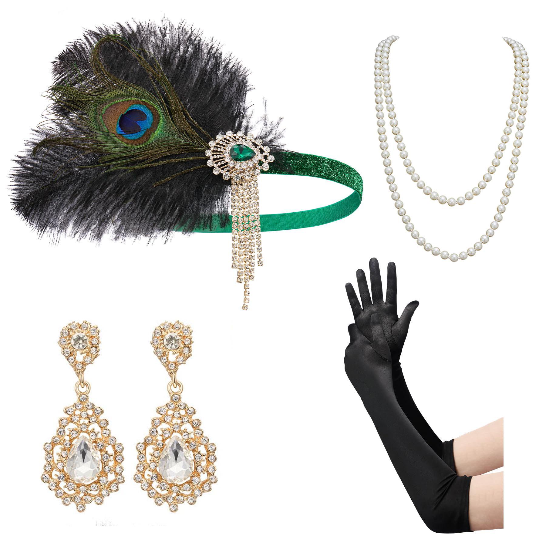 1920s Retro Feather Headband Set with Jewelry, Necklace, Earrings, and Gloves зелёный