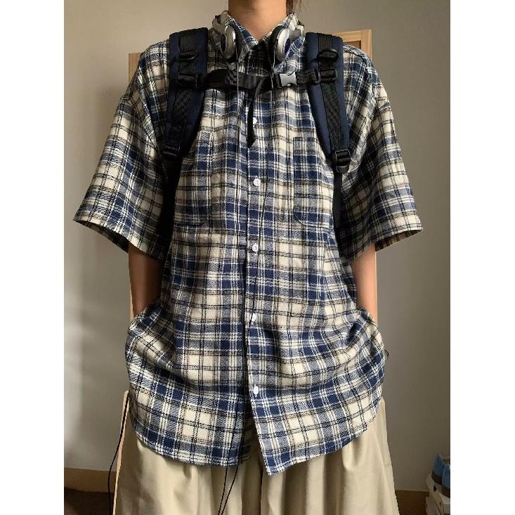 Retro Plaid Shirt Men'S Short Sleeved Trendy Casual Versatile Shirt Hong Kong Style Spring And Autumn Hooligan Handsome Inch Jacket