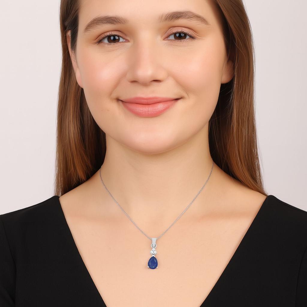 Blue Sapphire Elegant Drop Design Pendant - Sterling Silver