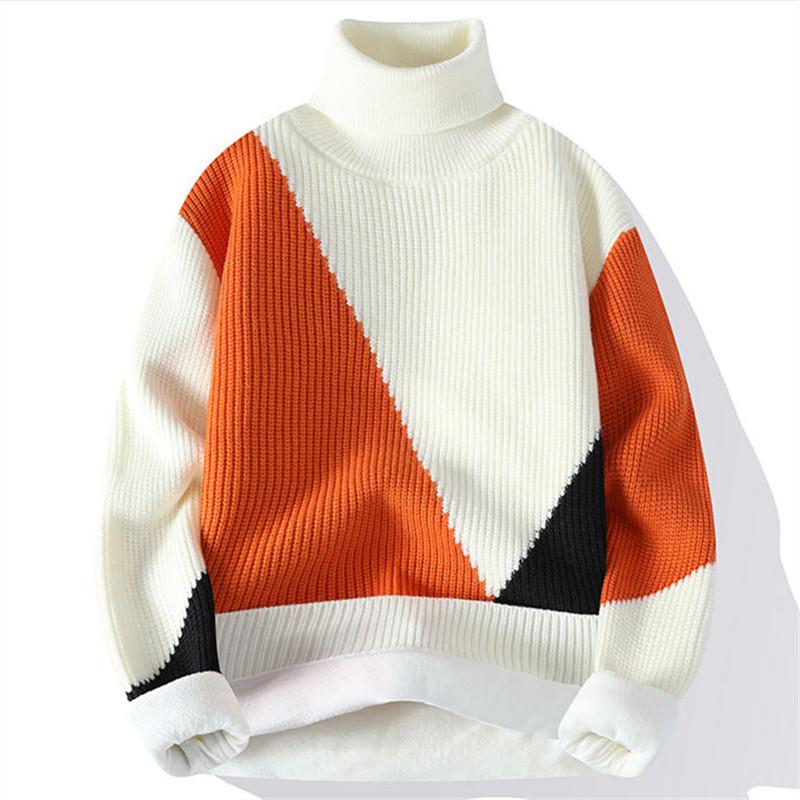 Winter Hochwertiger Rollkragenpullover für Herren Fleece Warm Casual Strickpullover Herrenmode Patchwork Harajuku Strickpullover