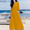 ZANZEA Women Casual V-Neck Loose 3/4 Sleeve Plain Long Dress