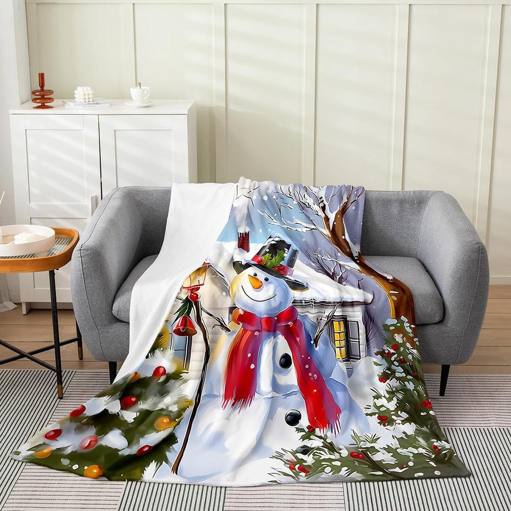 Winter Snowman Throw Blanket Cartoon Farmhouse Rustic Style Flannel Blanket for Kids Teens Adults Watercolor Pine Trees White