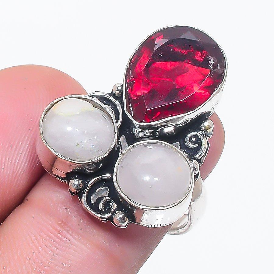 

Натуральный гранат, лунный камень Ювелирное изделие из стерлингового серебра 925 пробы Кольцо Размер 6 P1A30