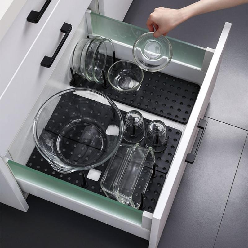 

Органайзер для ящиков, расширяемая кухонная полка для хранения, скрепляющая доска с нескользящим дном и 12 штифтами, телескопическая доска для хранения тарелок чёрный