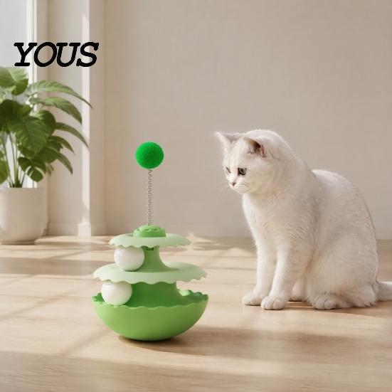 Interactive Pet Toys for Cats 2PCS Cat Tumbler Track Toy, Multi-Layer Turntable Toy Spring Powered Teaser with Plush Ball, Self Play Puzzle