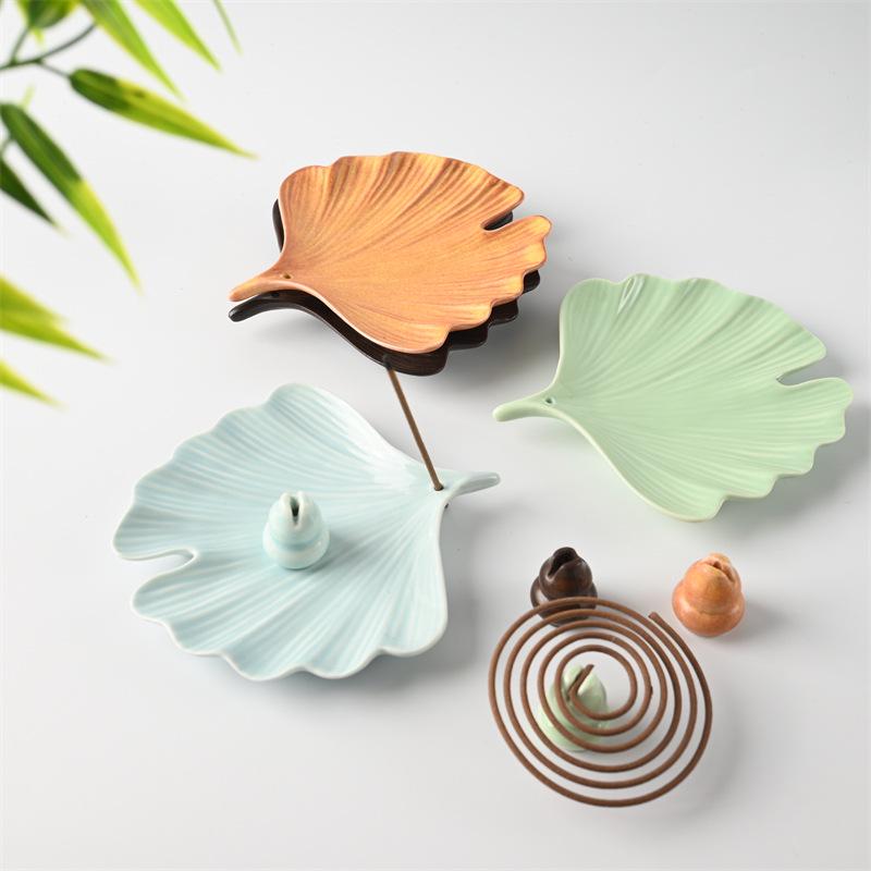 Ceramic Ginkgo Leaf Incense Holder for Sandalwood, Coil, and Line Incense - Indoor Tray and Decorative Plate.