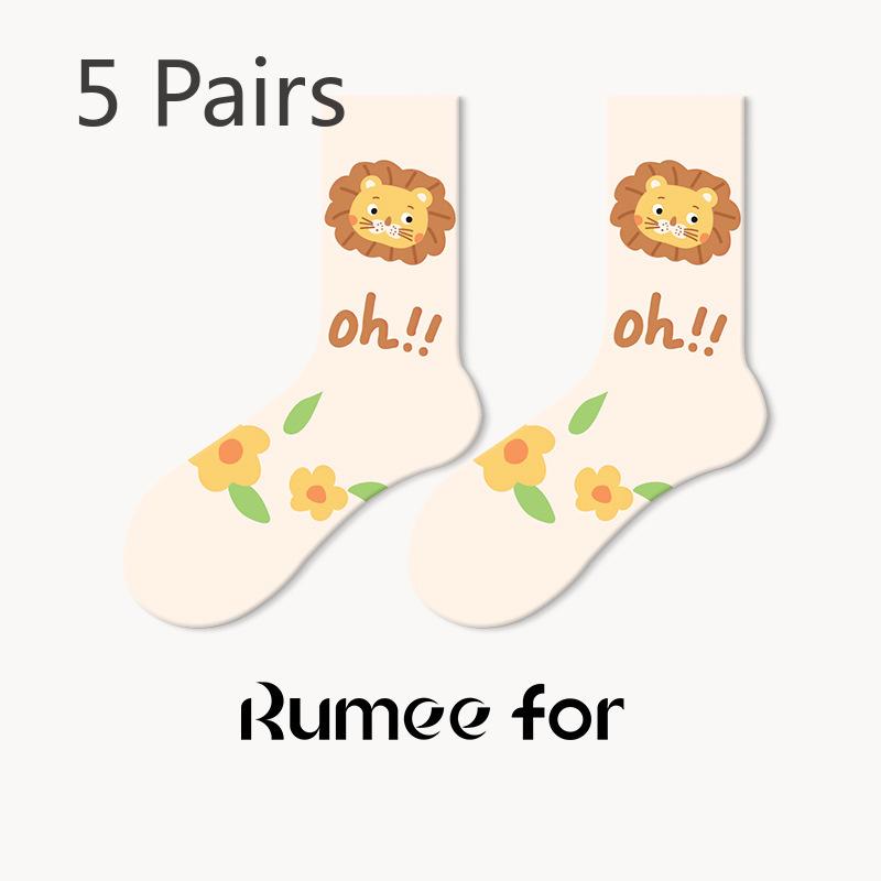 5 Pairs of Female Spring Cartoon Non Slip Sweat Absorption Leisure Lovely Tube Socks