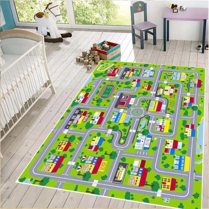 Stadtplan Spielteppich für Kinderzimmer Bunte Stadtstraßen-Strecken Teppich Spielzeugautos Interaktiver Spielzimmer-Bodenbelag Kinderzimmer Kleinkind Schlafzimmer