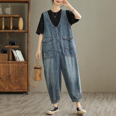 Damskie ogrodniczki wiosenne jednolity kolor wysokiej jakości dżinsy vintage casual luźne wielokieszeniowe ogrodniczki spodnie dżinsowe