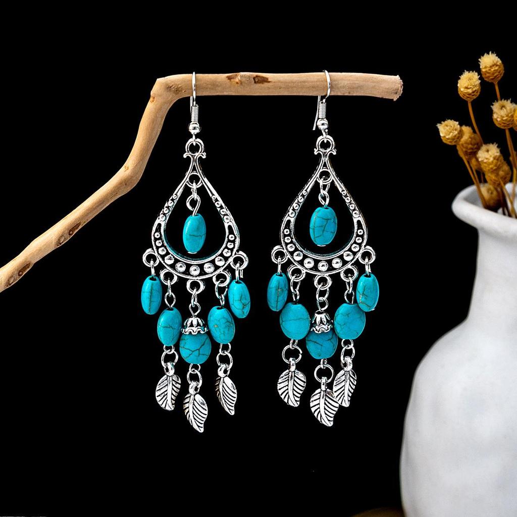 Retro Ethnic Blue Turquoise Owl & Tassel Earrings