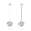 Womens Korean Fashion Elegant Anti-allergy 925 Silver Plated Simple Zircon Crystal Lace Double Pearl Ear Stud Earrings Female Long Ear Jewelry Gifts