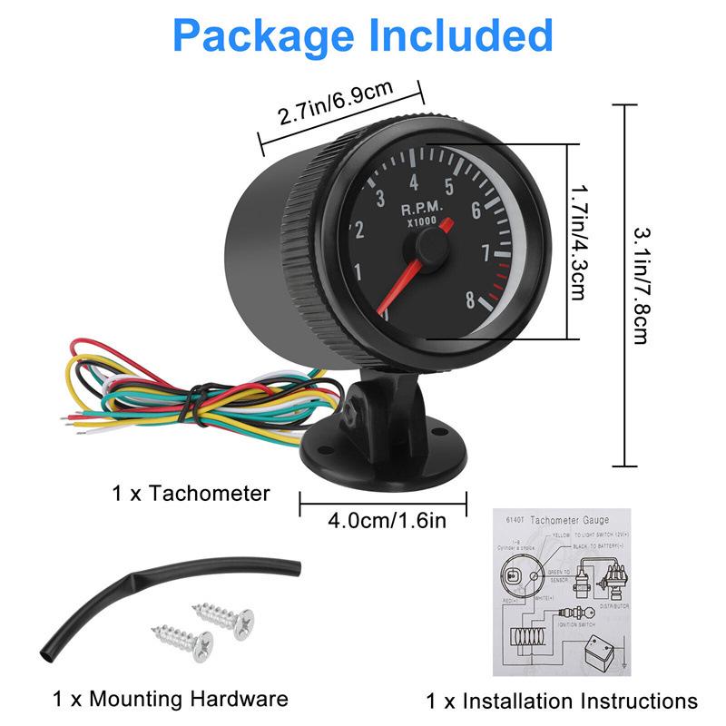 LED Car Tachometer 2-inch 52mm, Black and White Light, 0-8000 RPM for 1-8 Cylinder Engines
