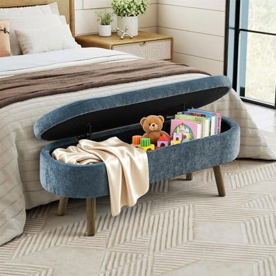 Multifunctional Storage Bench, Chenille Fabric, Solid Wood Frame, 20L Storage Space, 110x40x42cm, for Bedroom, Living Room, Hallway, Blue