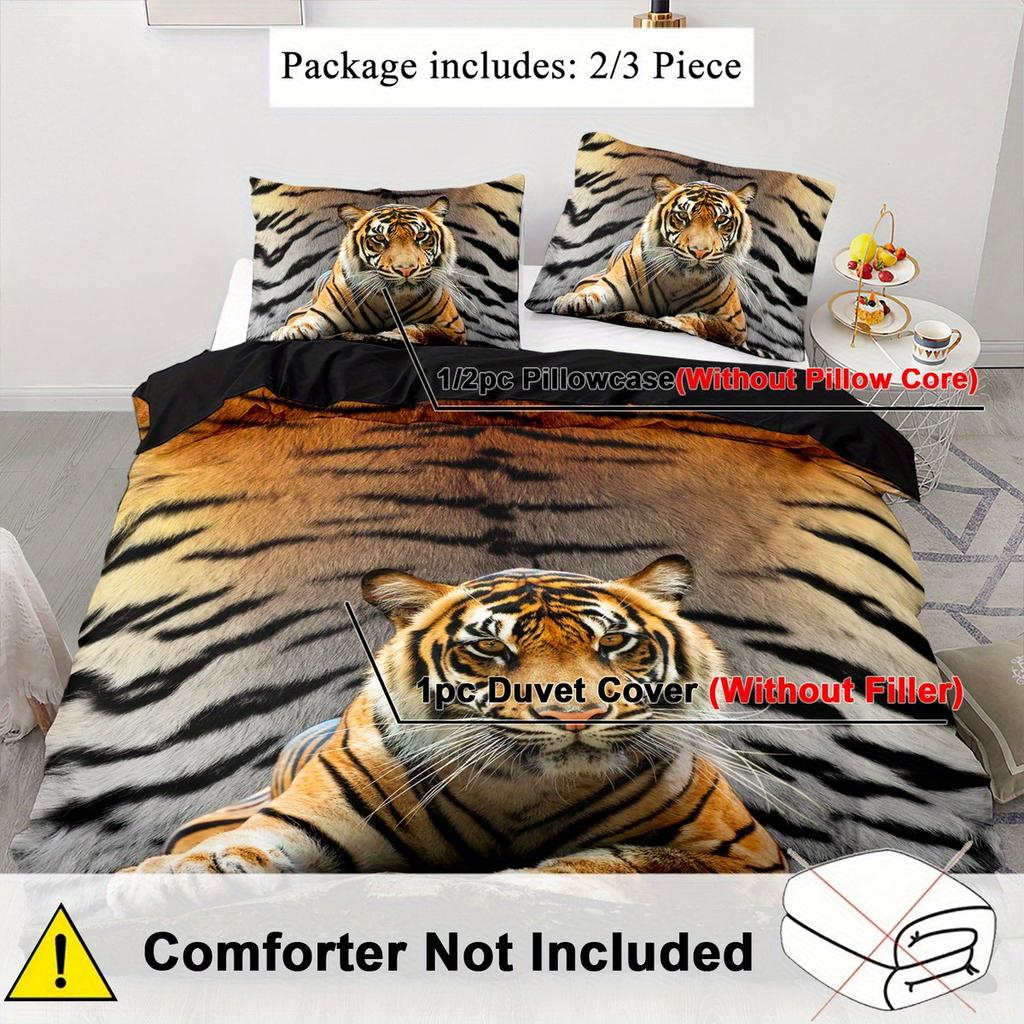 2/3pcs Duvet Cover Set, Soft and Comfortable, Tiger Duvet Cover Twin, Duvet Cover Set Twin Size Tiger, 3D Tiger Bedding Set