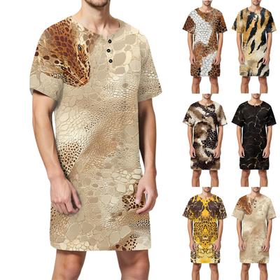 Men's Fashion Printed Cotton Short Sleeve Pajamas Button Collar Long Loose Home Clothes